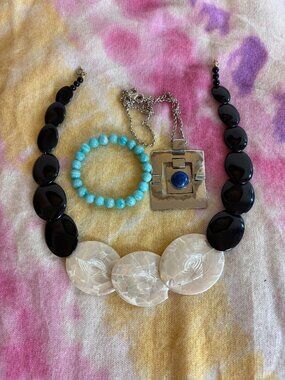 Costume Jewelry Lot Brutalist Necklace, Inlay Pearl Shell Bib Necklace, Bracelet